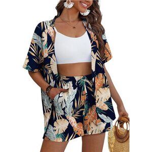 2 Piece Outfits Kimono Style Tropical Print Cover Ups Half Sleeve Blouse Shorts